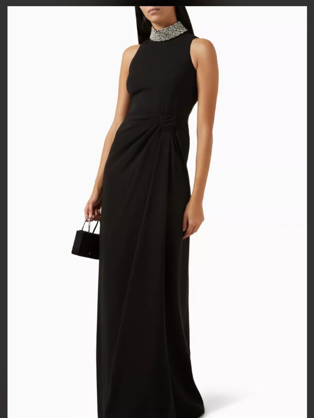 Elegant Sleeveless Black Evening Dress with Embellished Collar